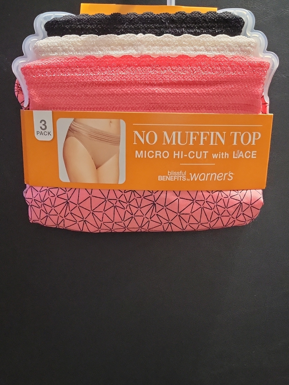 Warner's 3-Pack Micro Hi-Cut Lace Panties - Black, White, Coral Pink  T15